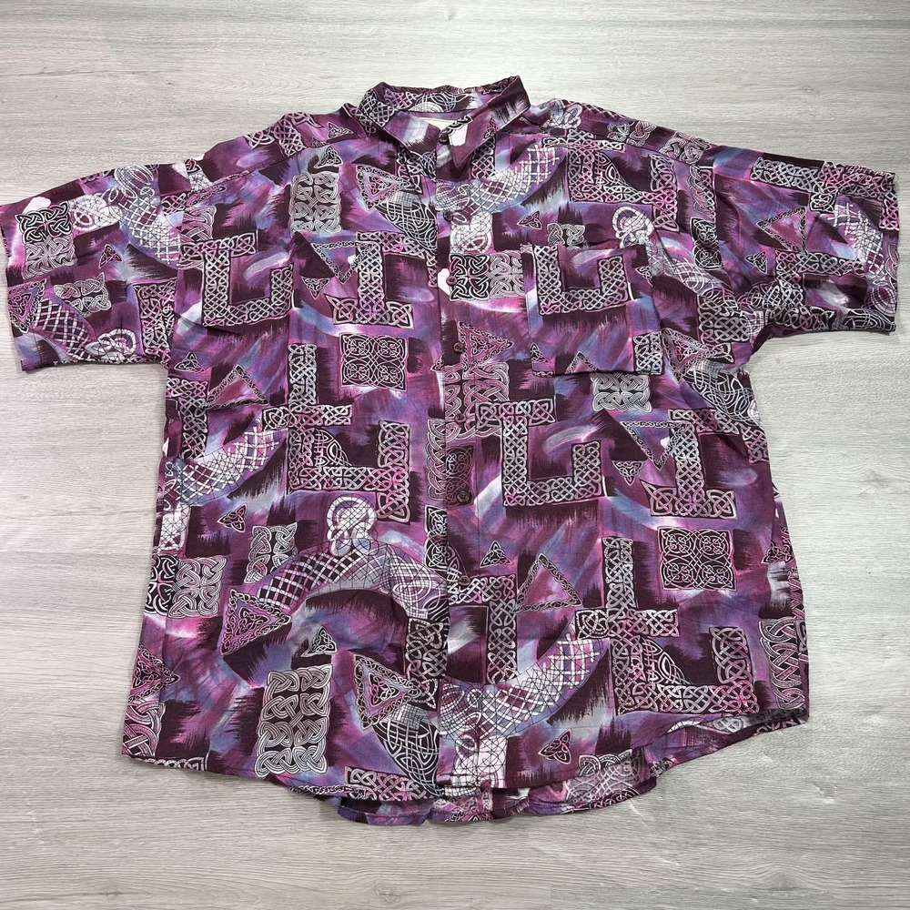 MAXX Shirt Mens Large Purple Rayon Short Sleeve Button Up Made in USA Celtic
